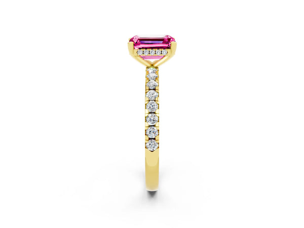Yellow gold Emerald Cut Pink Sapphire Solitaire Ring with Round Pavé Band and Four-Prong Setting