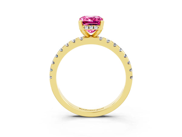 Yellow gold Emerald Cut Pink Sapphire Solitaire Ring with Round Pavé Band and Four-Prong Setting
