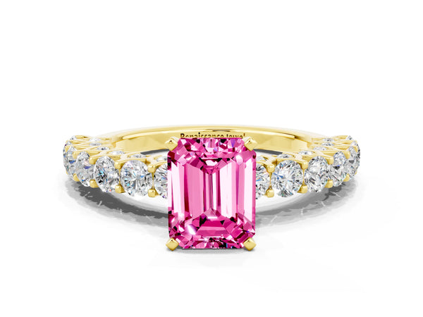 Yellow gold Emerald Cut Pink Sapphire Solitaire Ring with Shared Prong Pavé Band and Four-Prong Setting