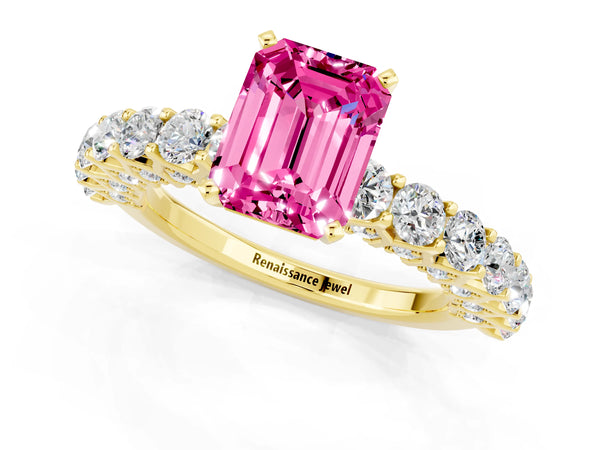 Yellow gold Emerald Cut Pink Sapphire Solitaire Ring with Shared Prong Pavé Band and Four-Prong Setting
