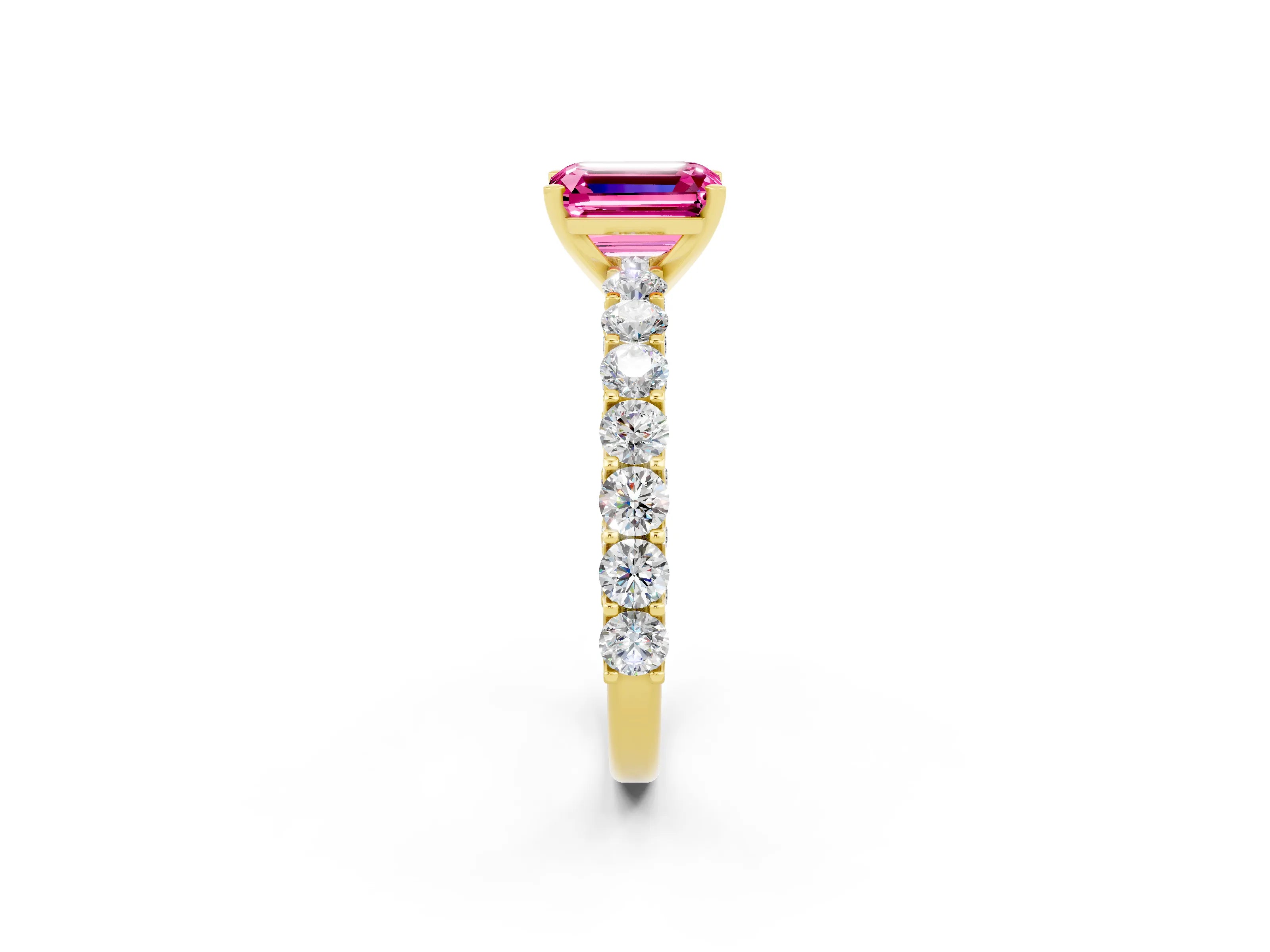 Yellow gold Emerald Cut Pink Sapphire Solitaire Ring with Shared Prong Pavé Band and Four-Prong Setting_2