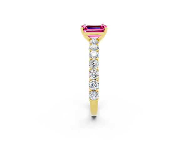 Yellow gold Emerald Cut Pink Sapphire Solitaire Ring with Shared Prong Pavé Band and Four-Prong Setting