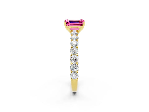 Yellow gold Emerald Cut Pink Sapphire Solitaire Ring with Shared Prong Pavé Band and Four-Prong Setting_2