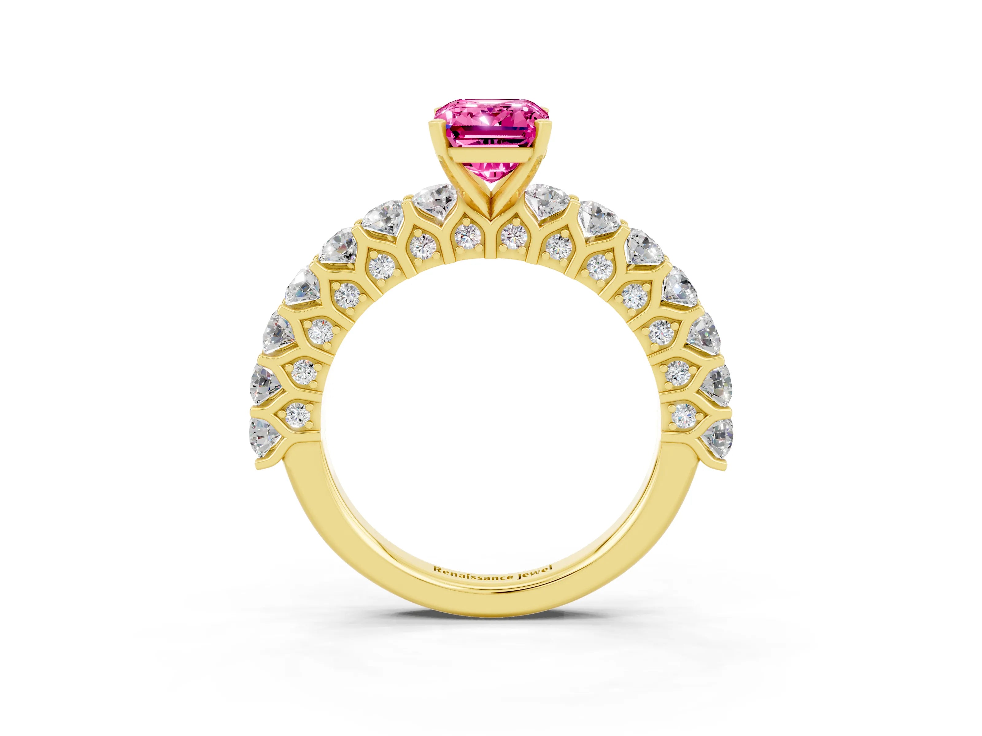 Yellow gold Emerald Cut Pink Sapphire Solitaire Ring with Shared Prong Pavé Band and Four-Prong Setting_3