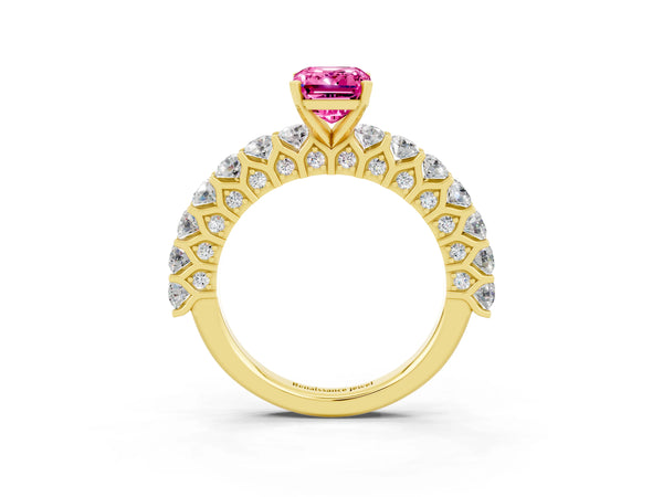 Yellow gold Emerald Cut Pink Sapphire Solitaire Ring with Shared Prong Pavé Band and Four-Prong Setting