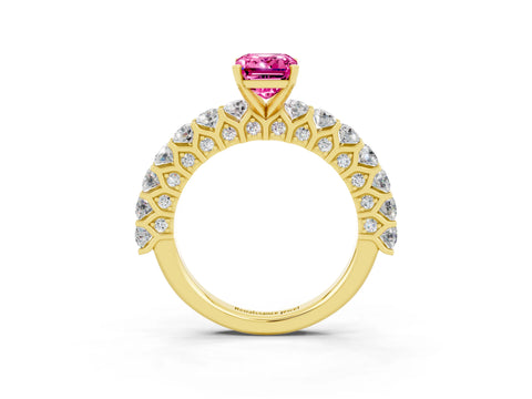 Yellow gold Emerald Cut Pink Sapphire Solitaire Ring with Shared Prong Pavé Band and Four-Prong Setting_3