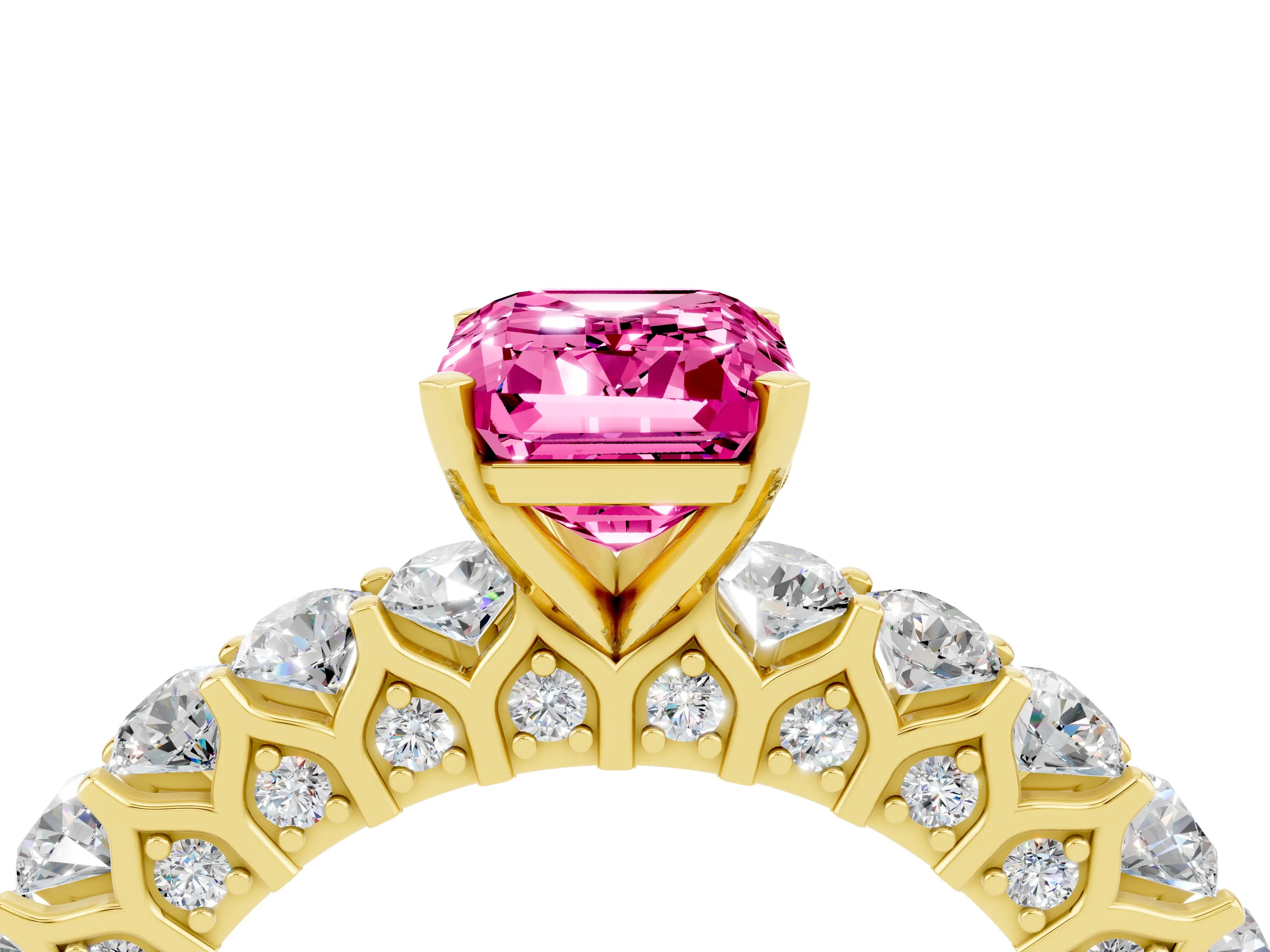 Yellow gold Emerald Cut Pink Sapphire Solitaire Ring with Shared Prong Pavé Band and Four-Prong Setting_4