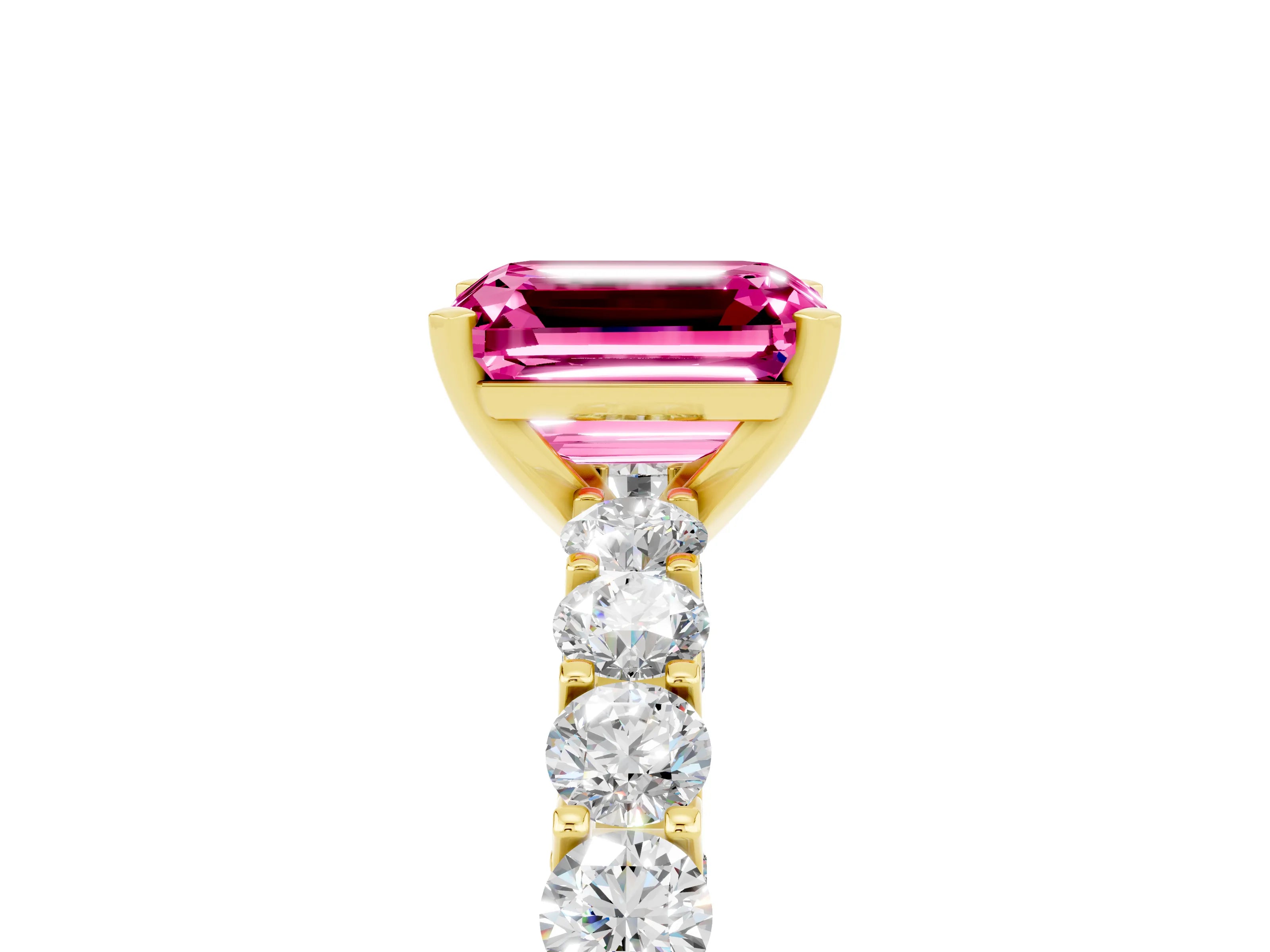 Yellow gold Emerald Cut Pink Sapphire Solitaire Ring with Shared Prong Pavé Band and Four-Prong Setting_5