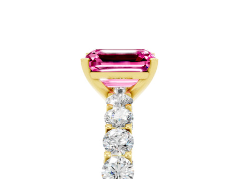 Yellow gold Emerald Cut Pink Sapphire Solitaire Ring with Shared Prong Pavé Band and Four-Prong Setting_5