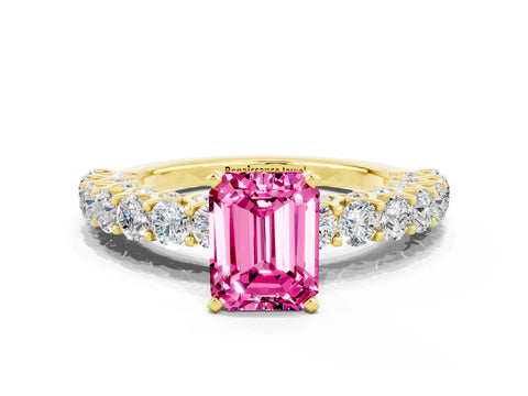 Yellow gold Emerald Cut Pink Sapphire Solitaire Ring with Shared Prong Pavé Band and Four-Prong Setting