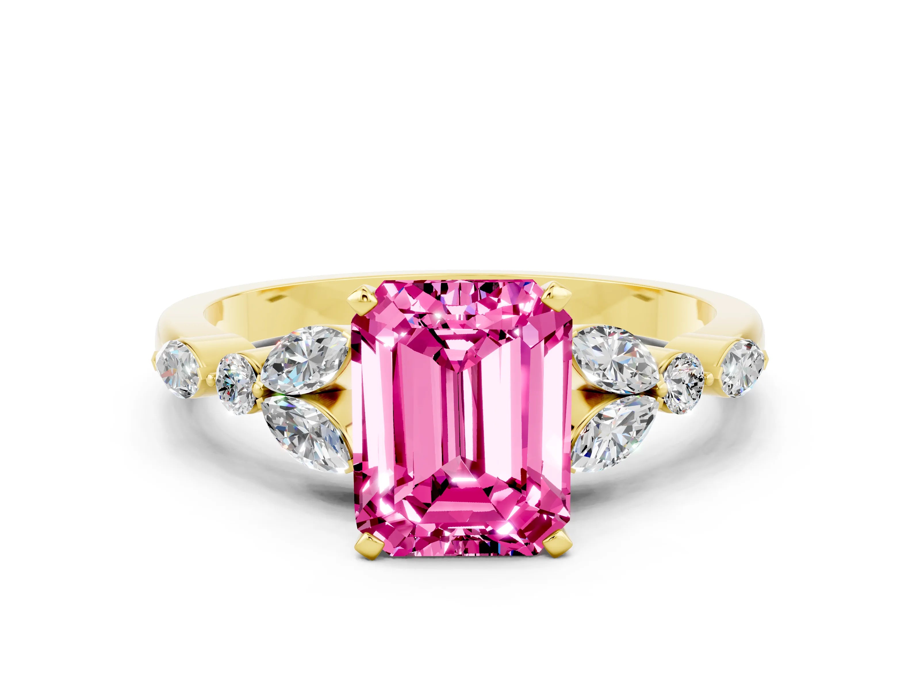 Yellow gold Emerald Cut Pink Sapphire Solitaire Ring with Side Stones and Four-Prong Setting_12