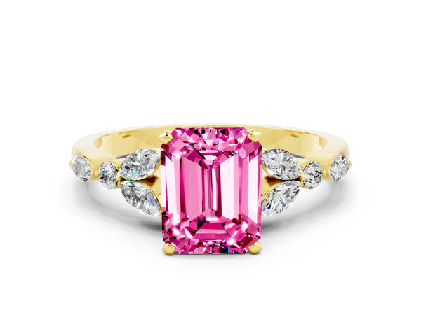 Yellow gold Emerald Cut Pink Sapphire Solitaire Ring with Side Stones and Four-Prong Setting
