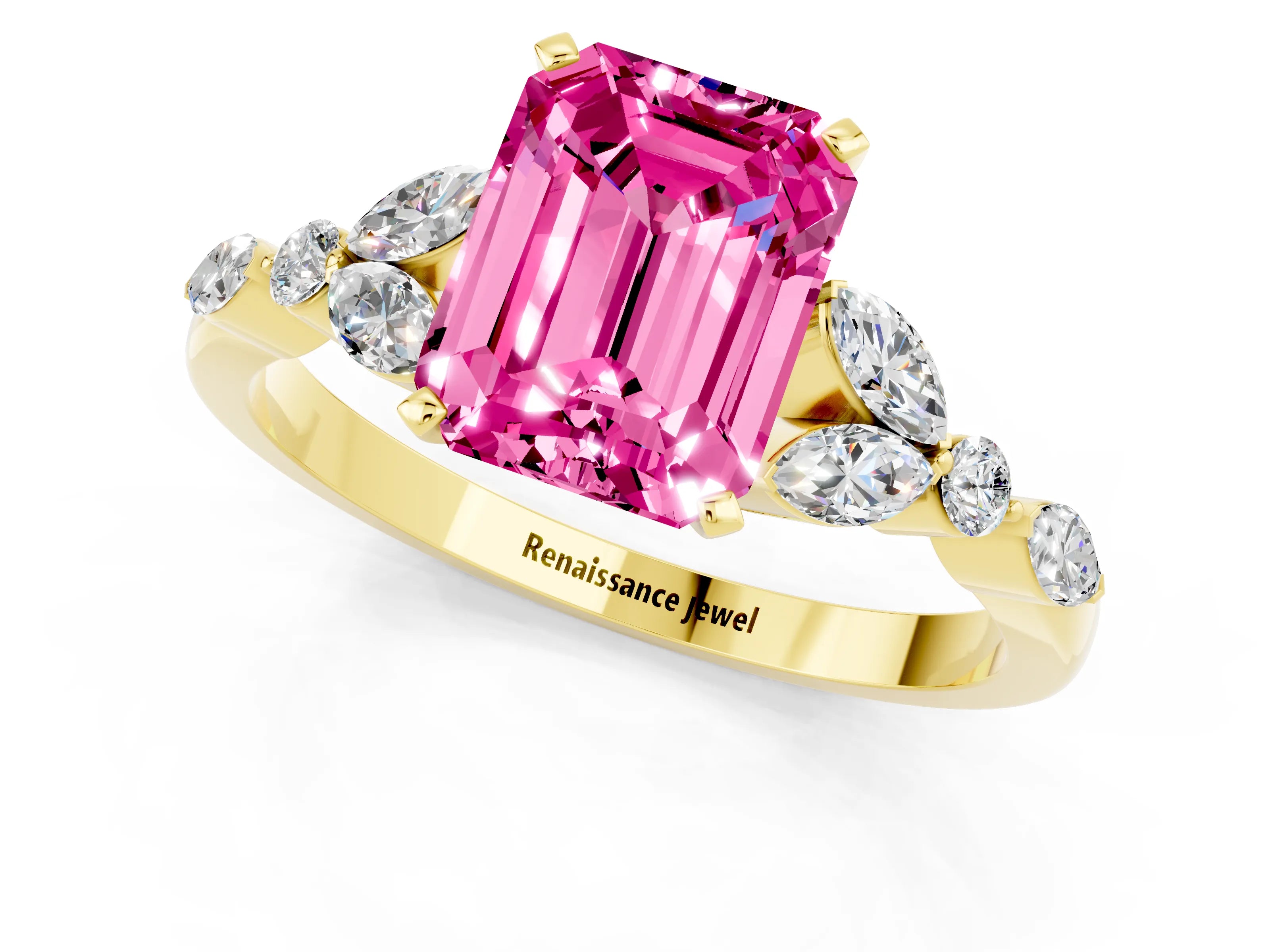 Yellow gold Emerald Cut Pink Sapphire Solitaire Ring with Side Stones and Four-Prong Setting_13