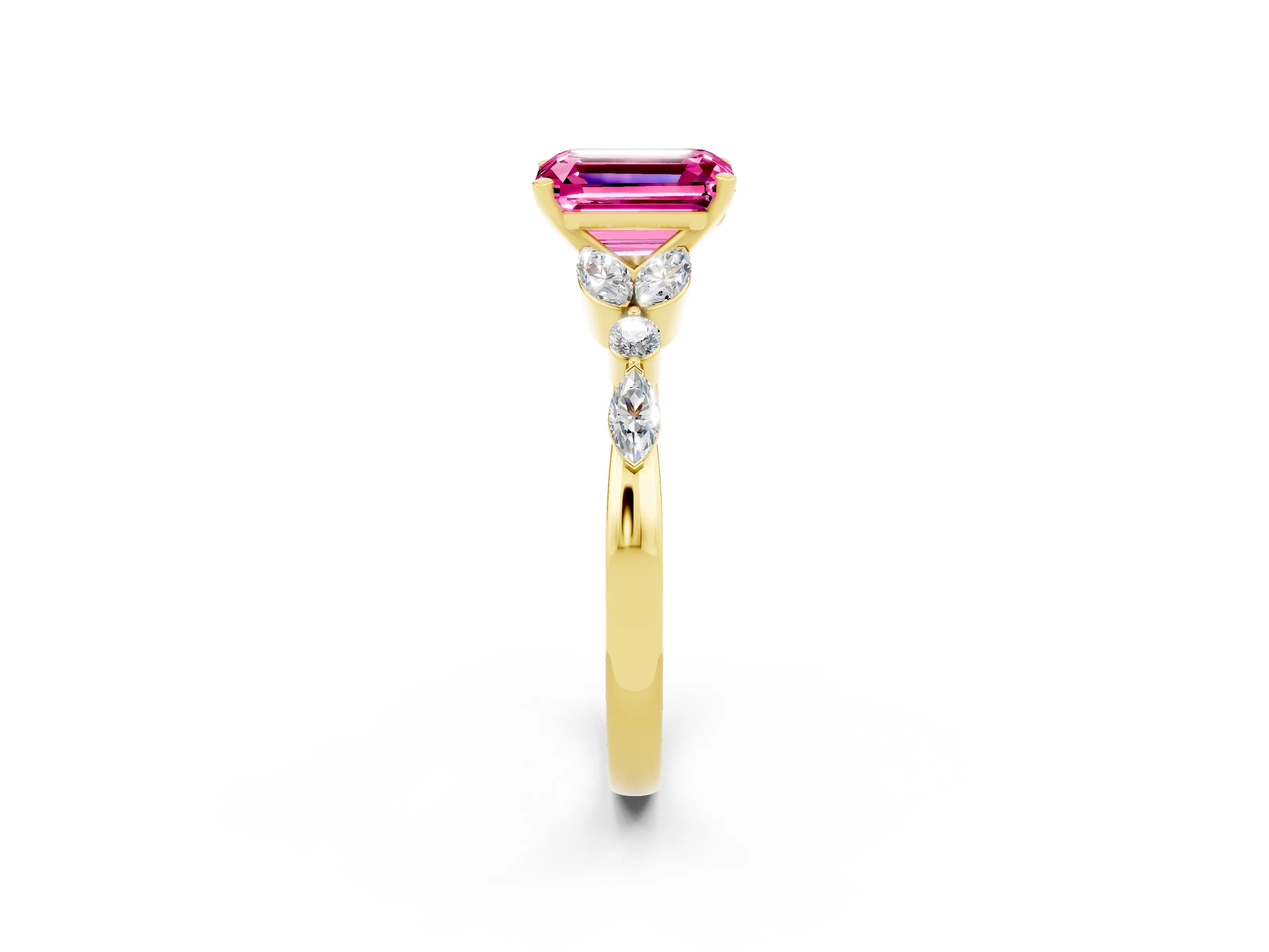 Yellow gold Emerald Cut Pink Sapphire Solitaire Ring with Side Stones and Four-Prong Setting_14