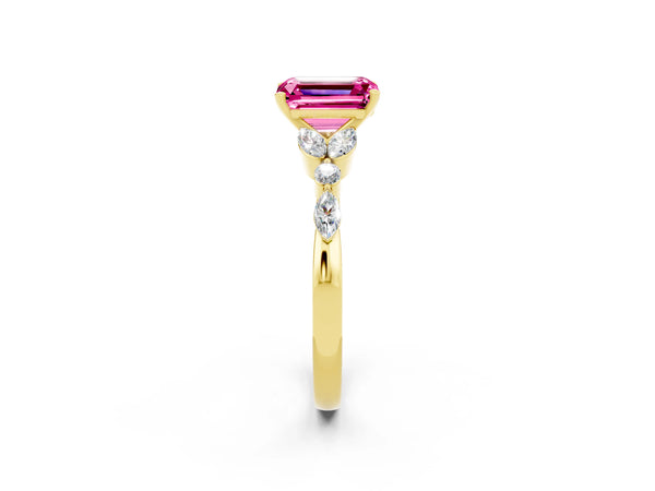 Yellow gold Emerald Cut Pink Sapphire Solitaire Ring with Side Stones and Four-Prong Setting
