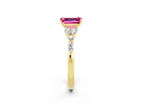 Yellow gold Emerald Cut Pink Sapphire Solitaire Ring with Side Stones and Four-Prong Setting_14