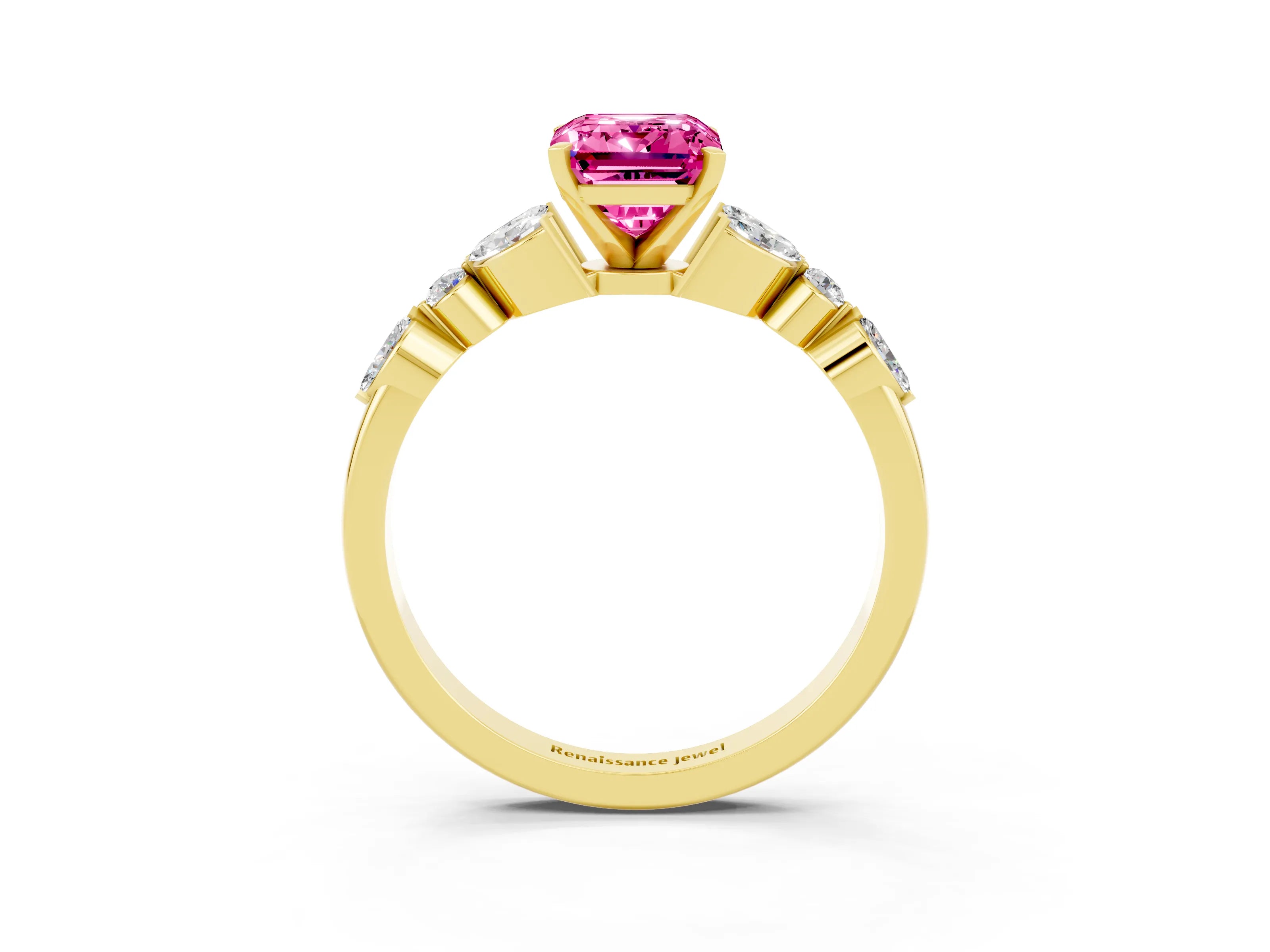 Yellow gold Emerald Cut Pink Sapphire Solitaire Ring with Side Stones and Four-Prong Setting_15