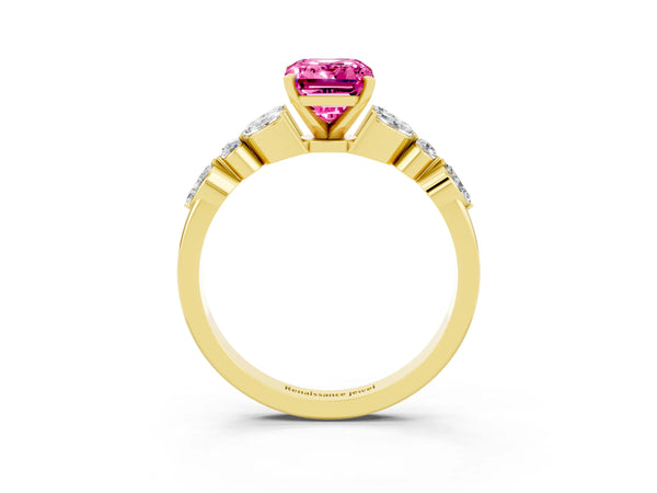Yellow gold Emerald Cut Pink Sapphire Solitaire Ring with Side Stones and Four-Prong Setting