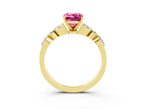 Yellow gold Emerald Cut Pink Sapphire Solitaire Ring with Side Stones and Four-Prong Setting_15