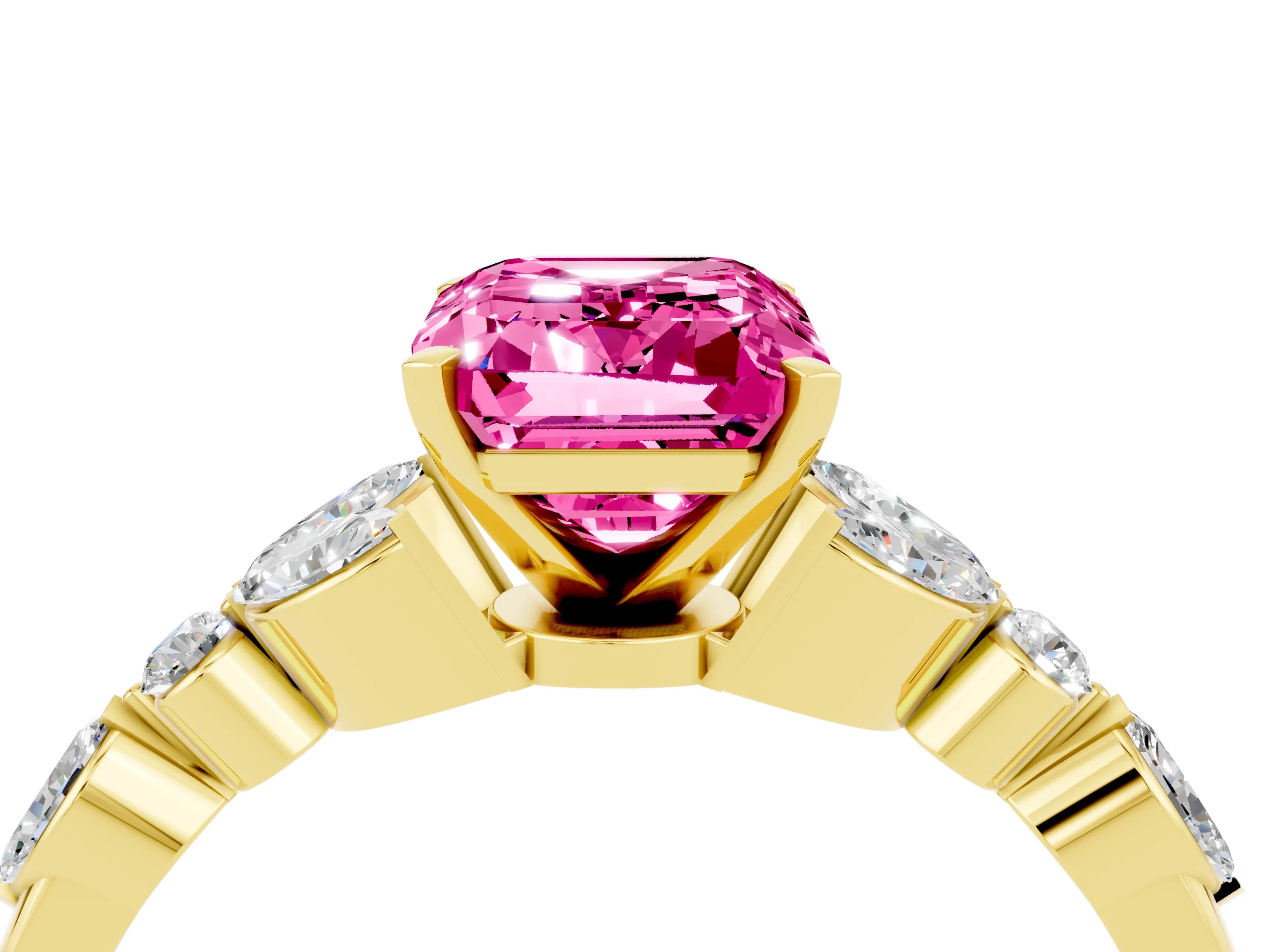 Yellow gold Emerald Cut Pink Sapphire Solitaire Ring with Side Stones and Four-Prong Setting_16