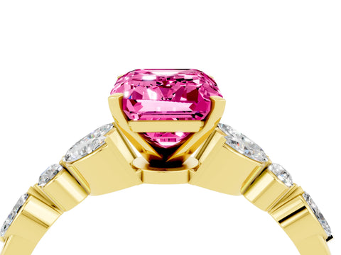 Yellow gold Emerald Cut Pink Sapphire Solitaire Ring with Side Stones and Four-Prong Setting_16