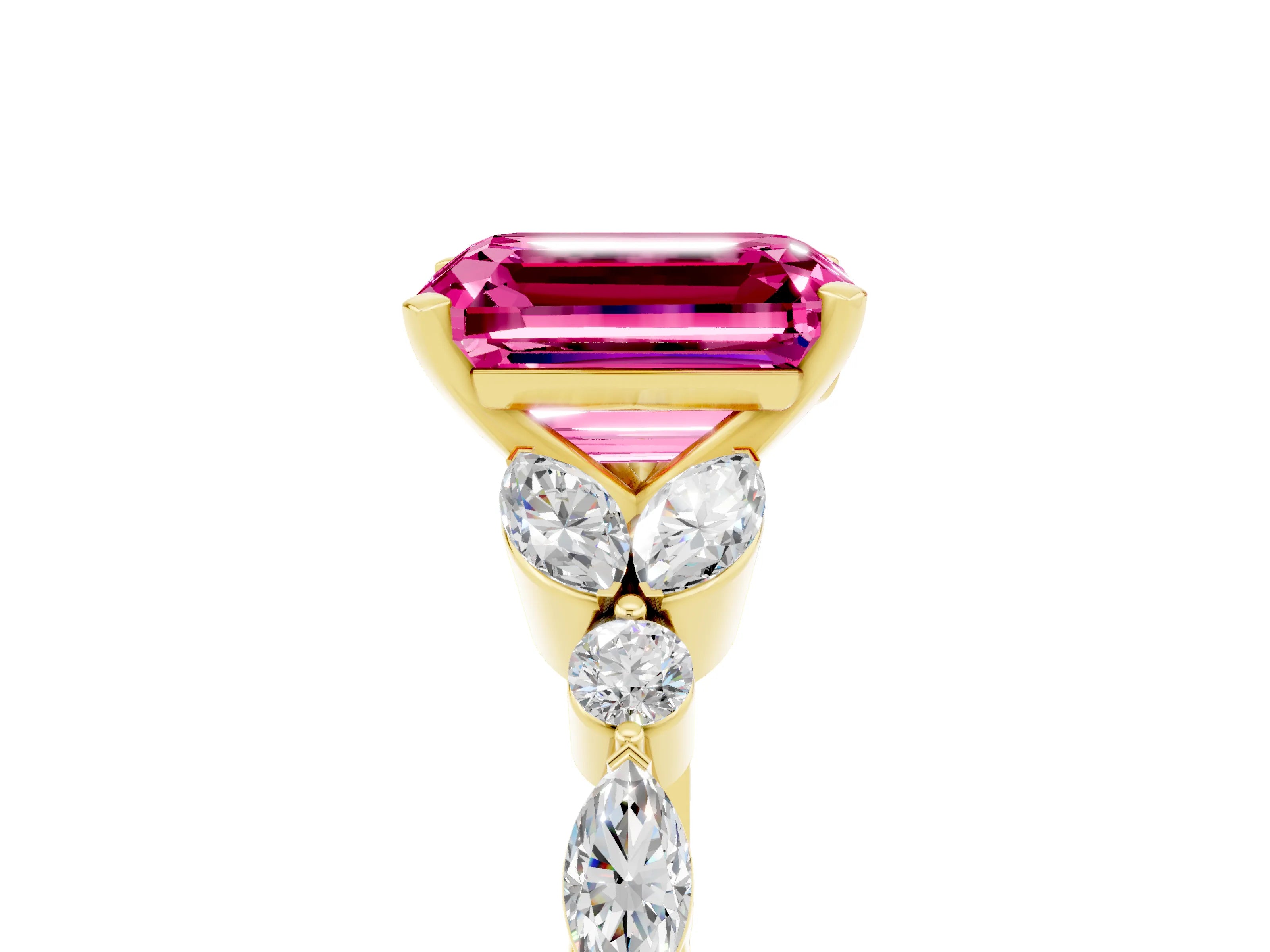 Yellow gold Emerald Cut Pink Sapphire Solitaire Ring with Side Stones and Four-Prong Setting_17