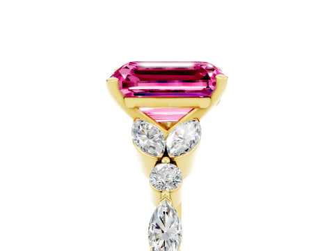 Yellow gold Emerald Cut Pink Sapphire Solitaire Ring with Side Stones and Four-Prong Setting_17