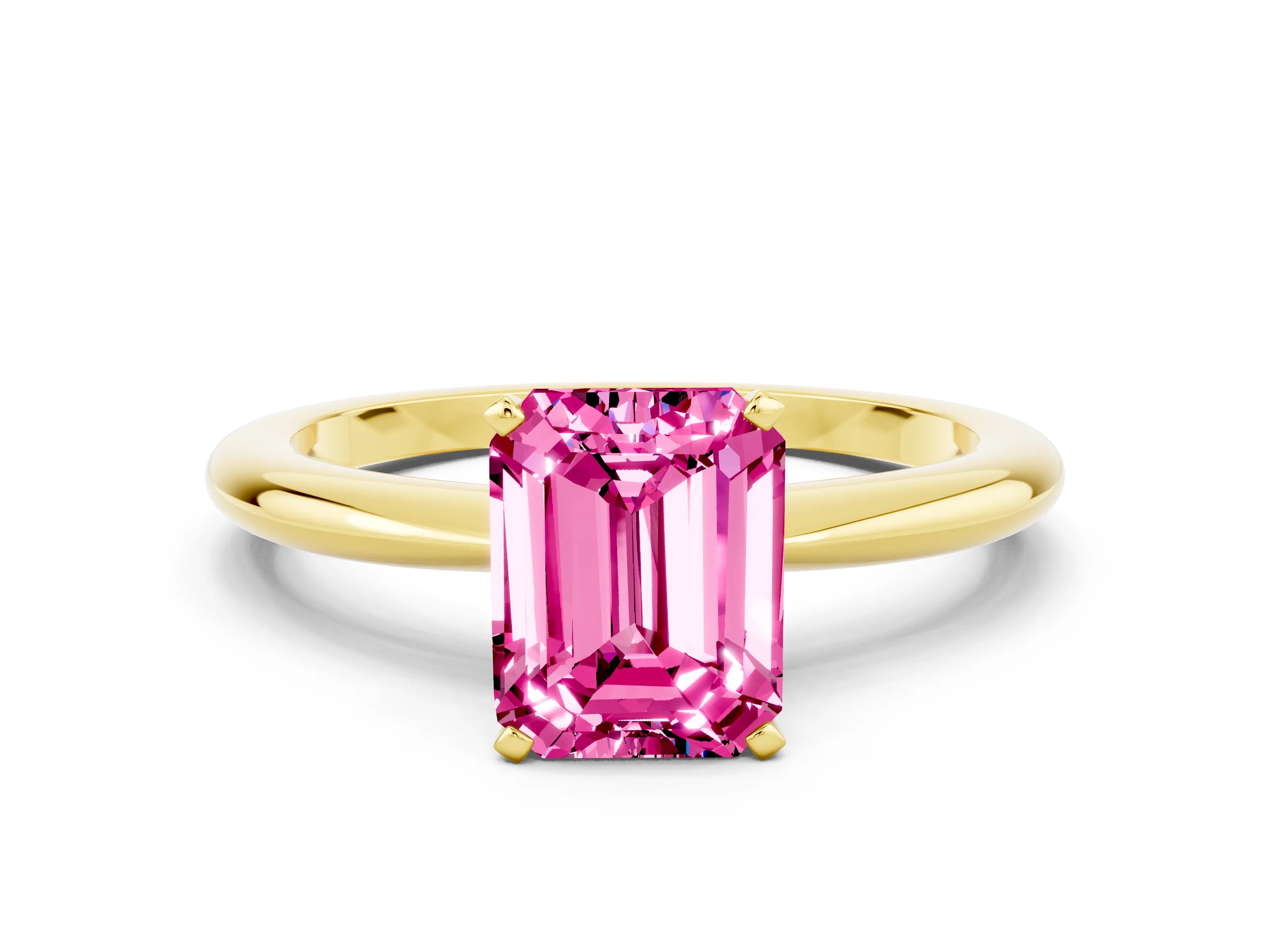 Yellow gold Emerald Cut Pink Sapphire Solitaire Ring with Six-Prong Setting and Classic Band