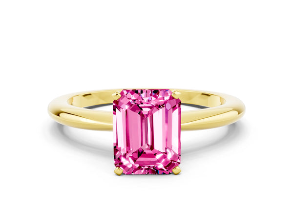 Yellow gold Emerald Cut Pink Sapphire Solitaire Ring with Six-Prong Setting and Classic Band