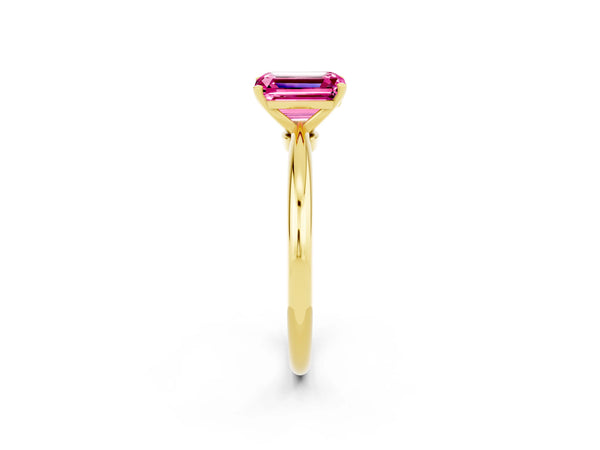 Yellow gold Emerald Cut Pink Sapphire Solitaire Ring with Six-Prong Setting and Classic Band
