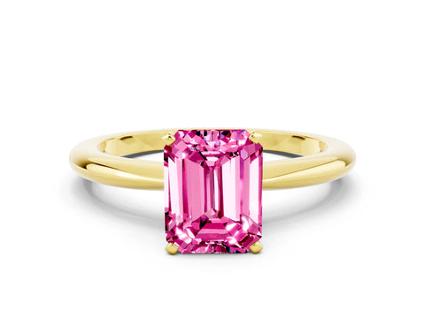 Yellow gold Emerald Cut Pink Sapphire Solitaire Ring with Six-Prong Setting and Classic Band
