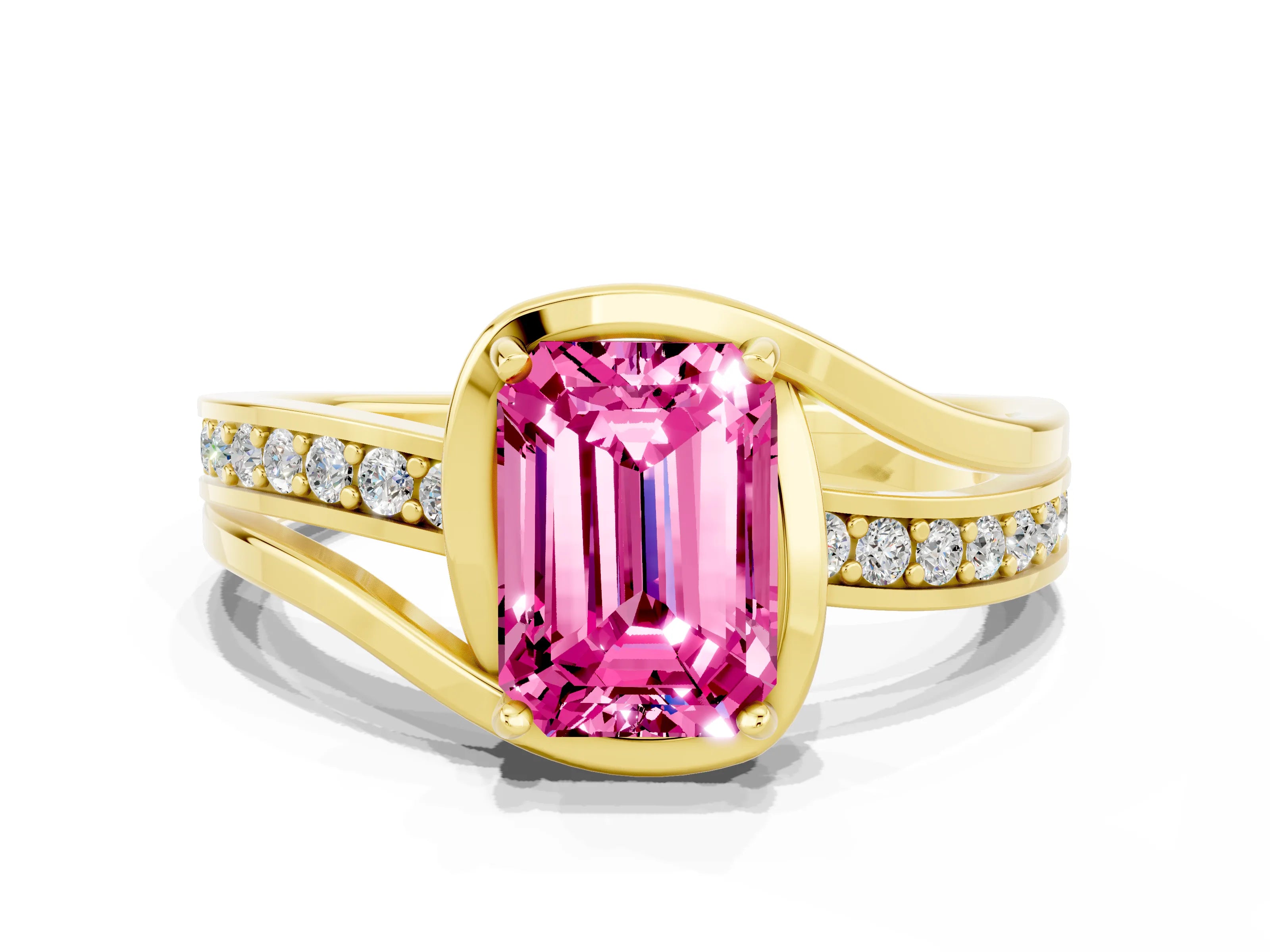 Yellow gold Emerald Cut Pink Sapphire Solitaire Ring with Split Shank and Prong Setting