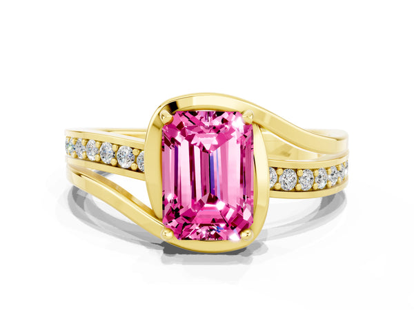 Yellow gold Emerald Cut Pink Sapphire Solitaire Ring with Split Shank and Prong Setting