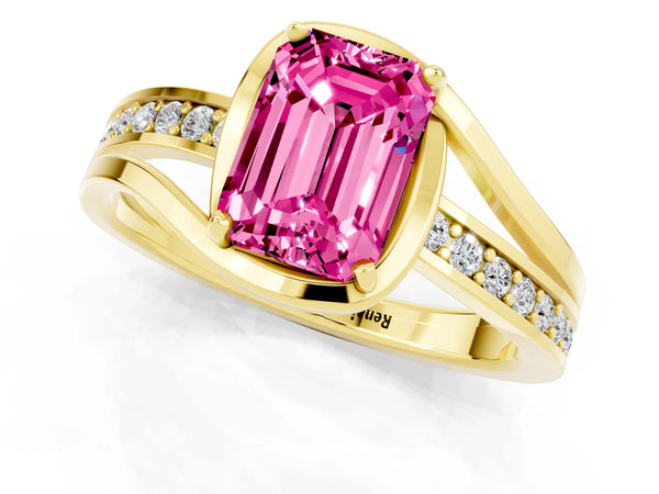 Yellow gold Emerald Cut Pink Sapphire Solitaire Ring with Split Shank and Prong Setting
