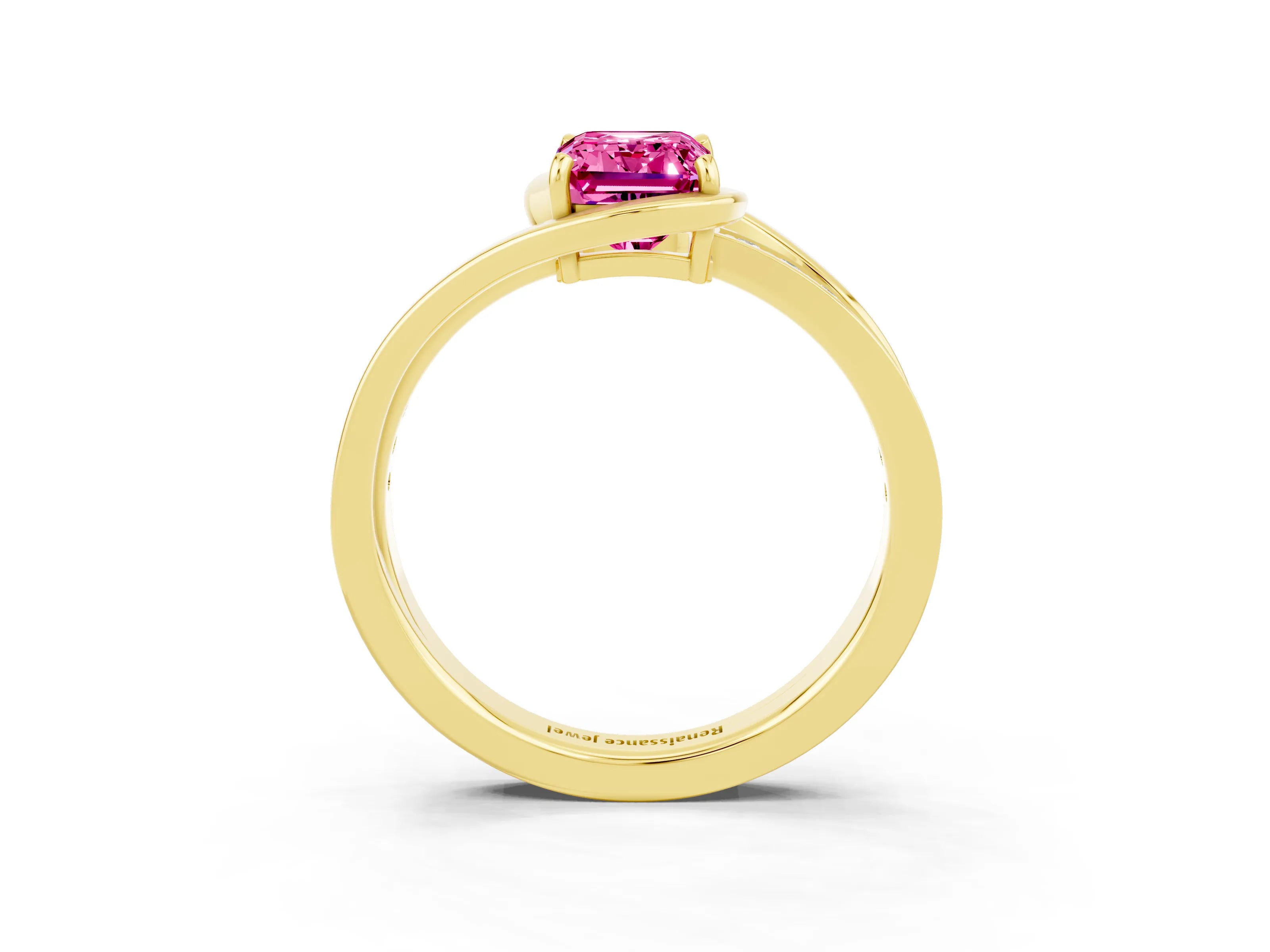 Yellow gold Emerald Cut Pink Sapphire Solitaire Ring with Split Shank and Prong Setting_3