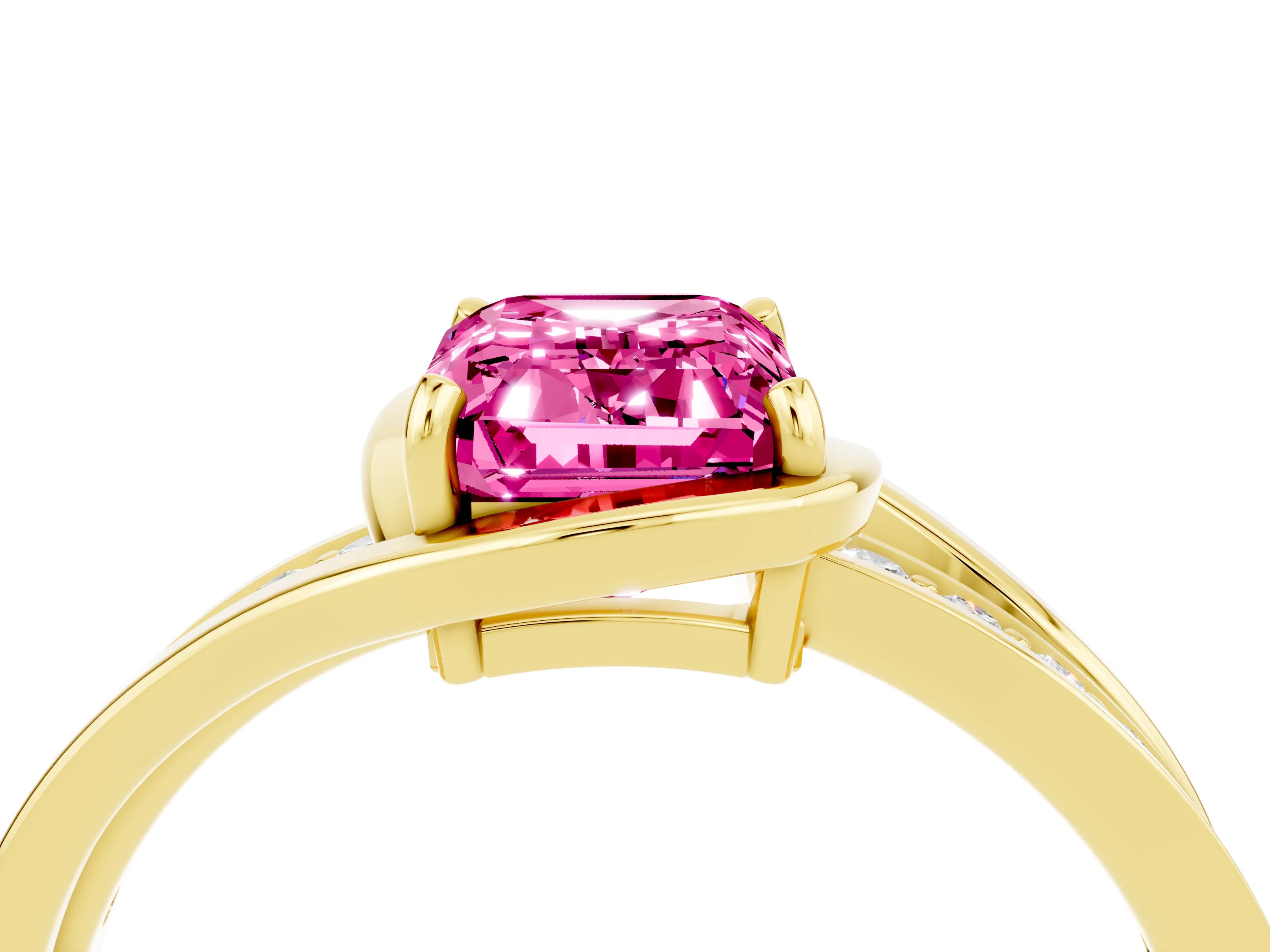 Yellow gold Emerald Cut Pink Sapphire Solitaire Ring with Split Shank and Prong Setting_4