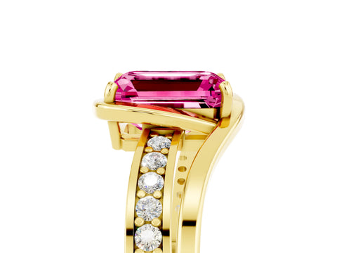 Yellow gold Emerald Cut Pink Sapphire Solitaire Ring with Split Shank and Prong Setting_5