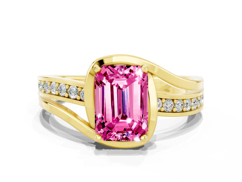 Yellow gold Emerald Cut Pink Sapphire Solitaire Ring with Split Shank and Prong Setting