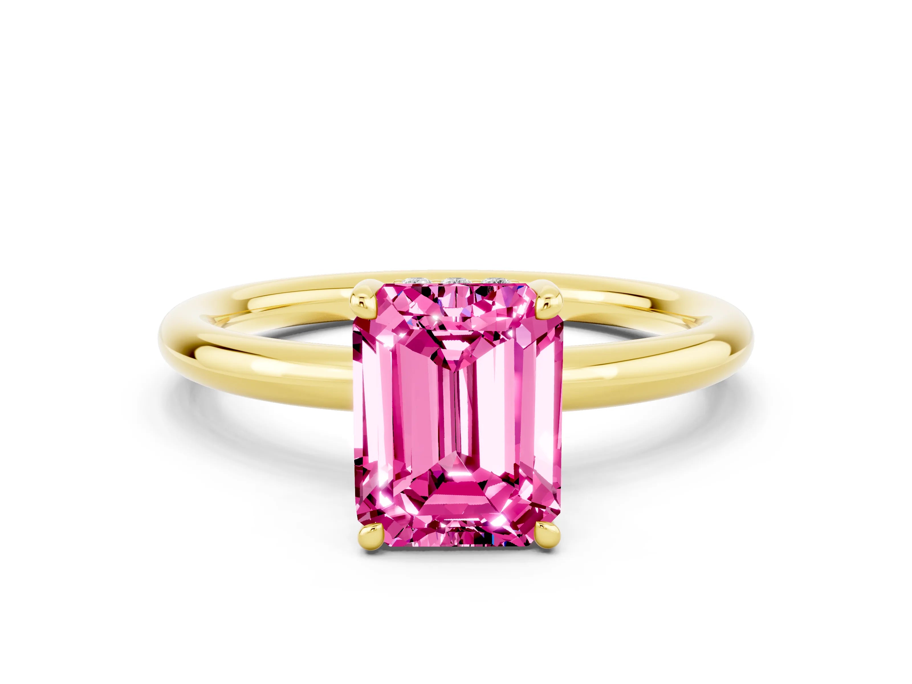 Yellow gold Emerald Cut Pink Sapphire Solitaire Ring with Thin Band and Four-Prong Setting_36