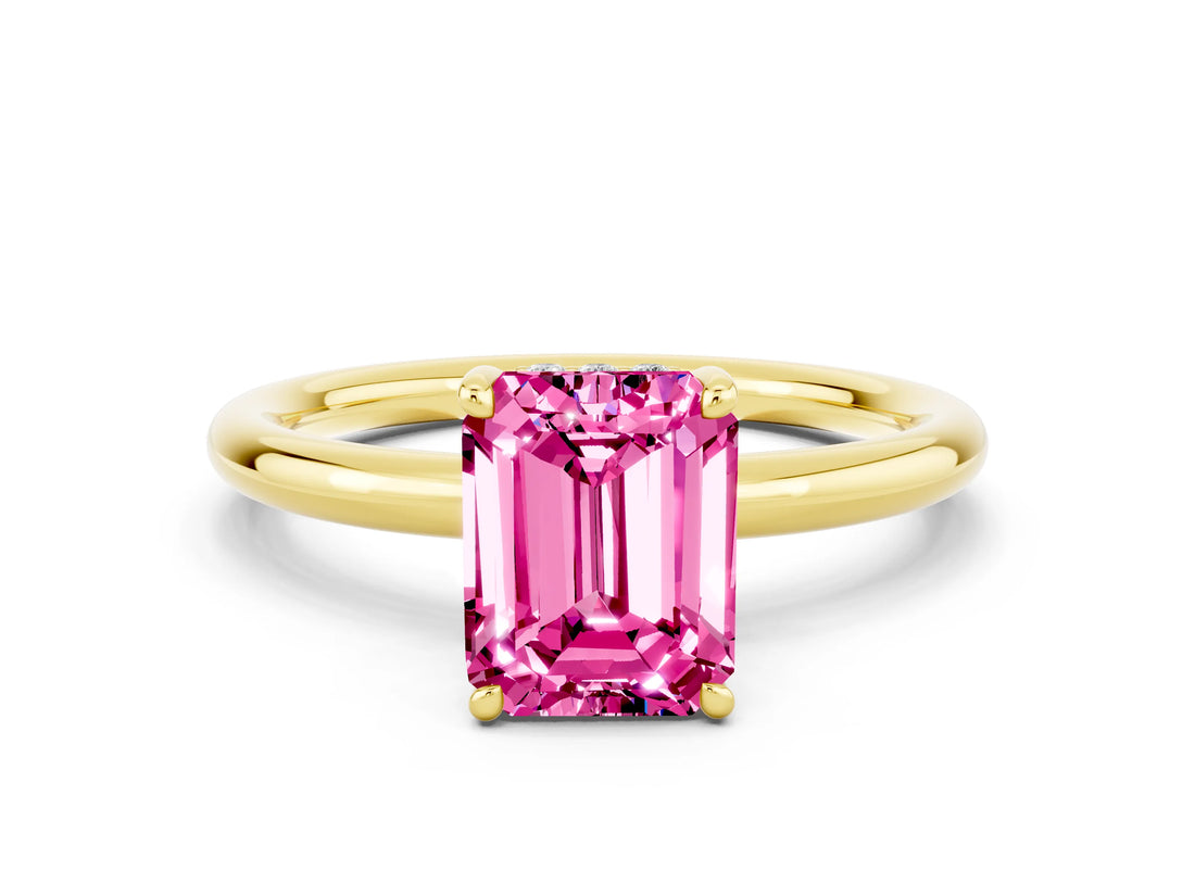 Yellow gold Emerald Cut Pink Sapphire Solitaire Ring with Thin Band and Four-Prong Setting_36