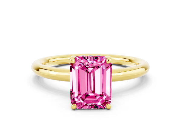 Yellow gold Emerald Cut Pink Sapphire Solitaire Ring with Thin Band and Four-Prong Setting