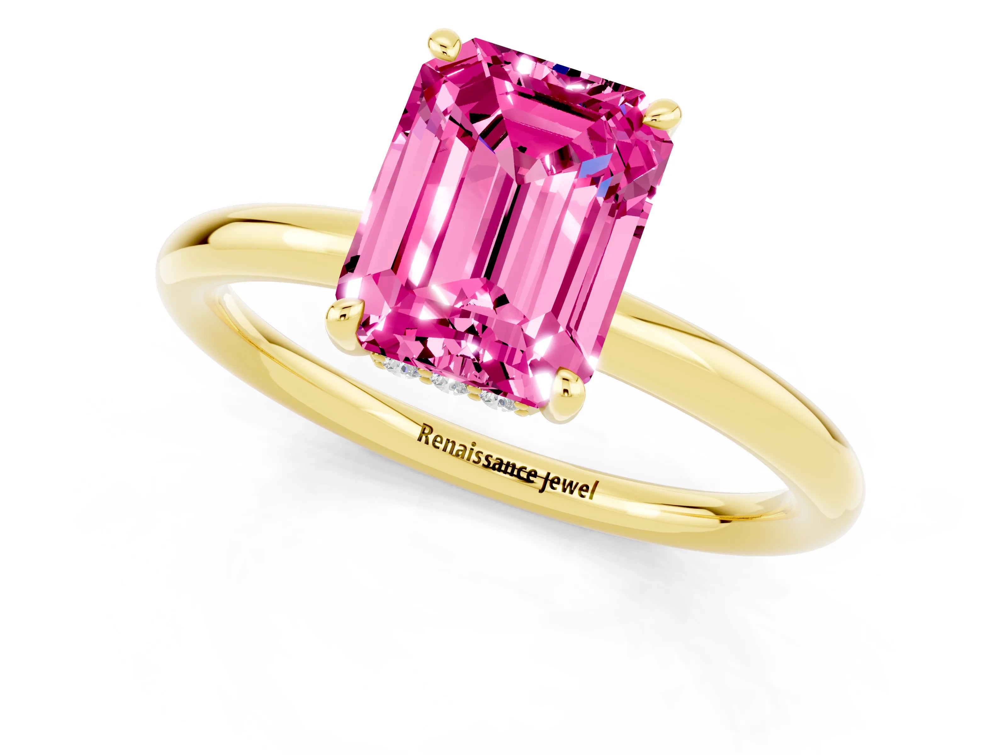 Yellow gold Emerald Cut Pink Sapphire Solitaire Ring with Thin Band and Four-Prong Setting_37