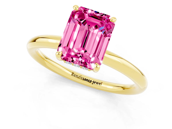 Yellow gold Emerald Cut Pink Sapphire Solitaire Ring with Thin Band and Four-Prong Setting