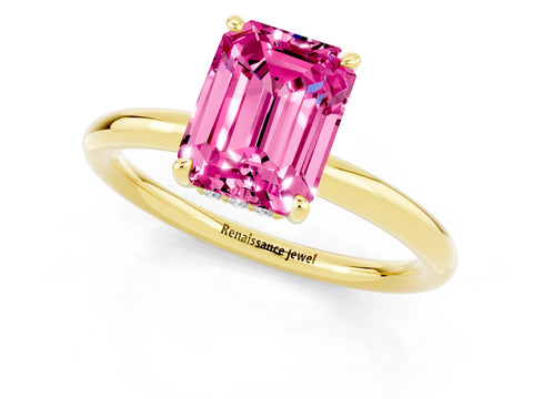 Yellow gold Emerald Cut Pink Sapphire Solitaire Ring with Thin Band and Four-Prong Setting_37