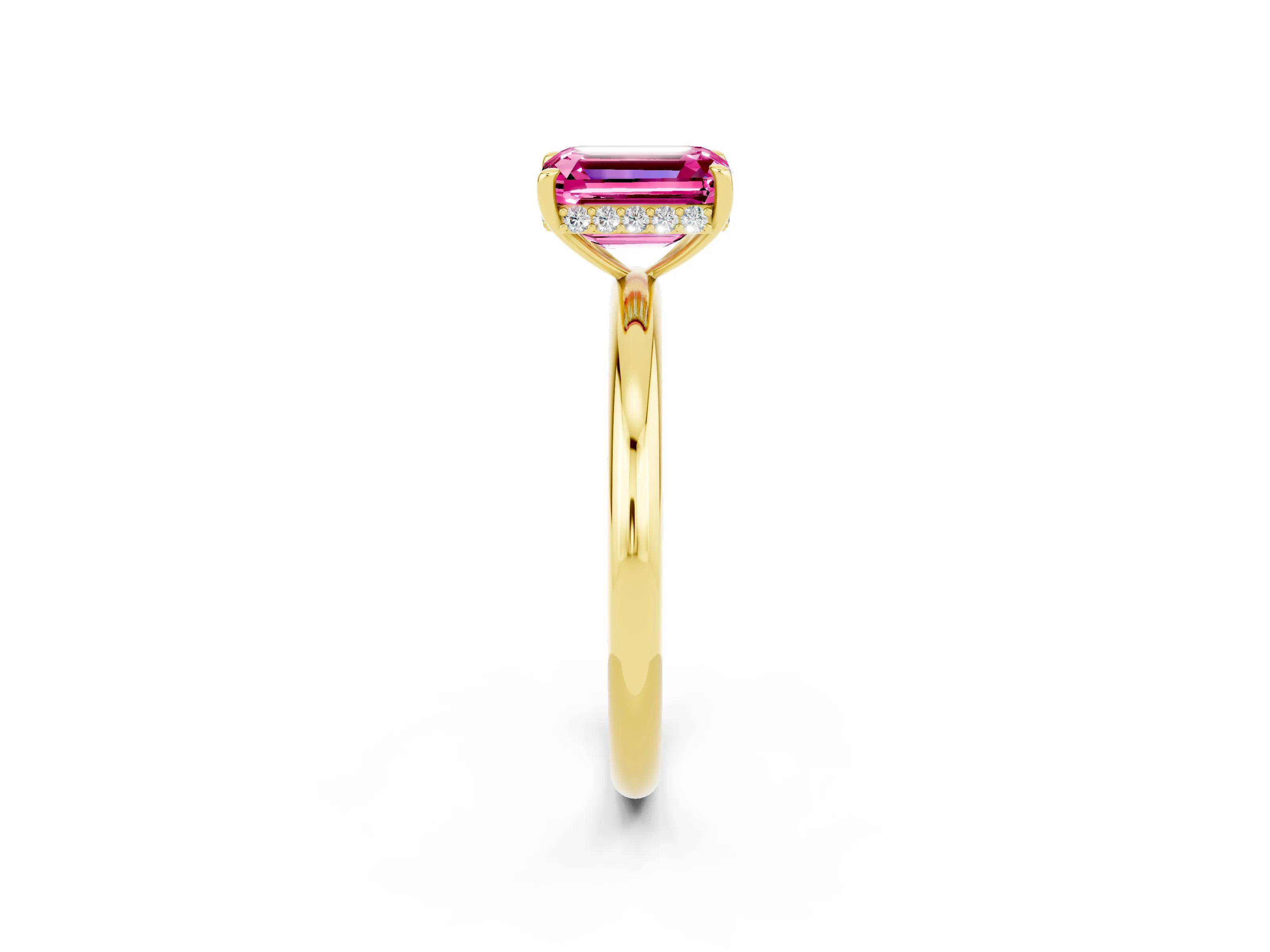 Yellow gold Emerald Cut Pink Sapphire Solitaire Ring with Thin Band and Four-Prong Setting_38