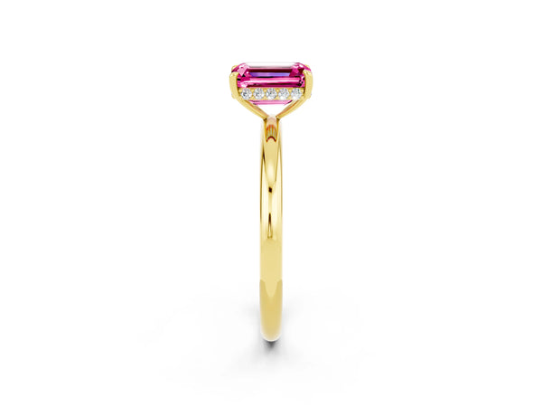 Yellow gold Emerald Cut Pink Sapphire Solitaire Ring with Thin Band and Four-Prong Setting