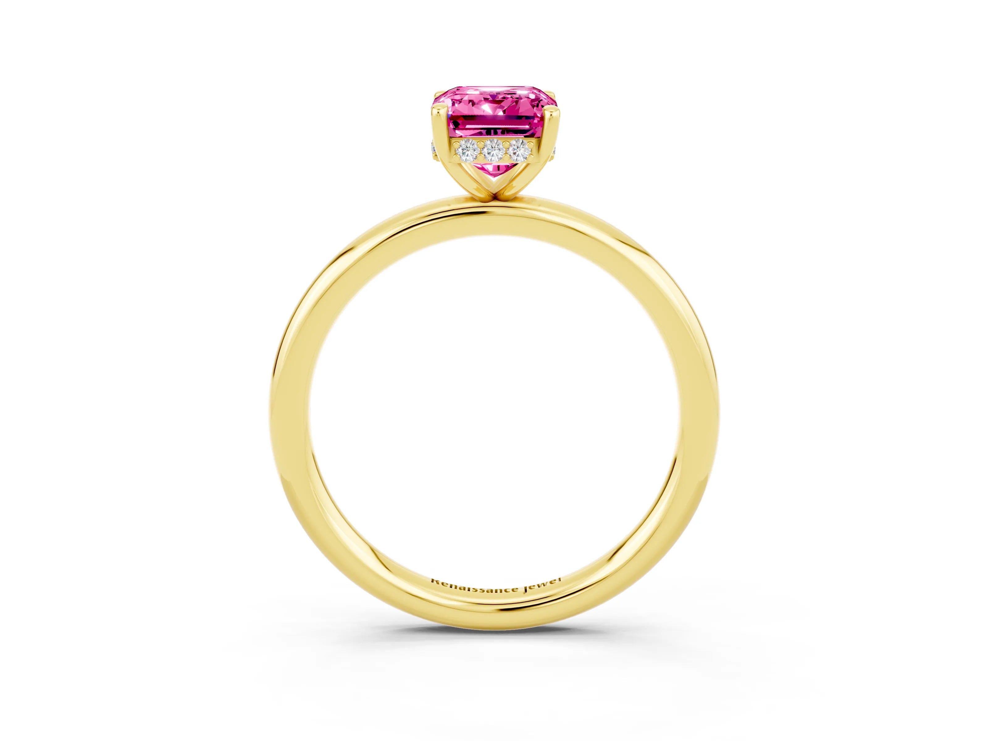 Yellow gold Emerald Cut Pink Sapphire Solitaire Ring with Thin Band and Four-Prong Setting_39
