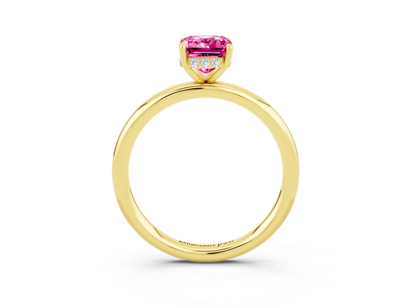 Yellow gold Emerald Cut Pink Sapphire Solitaire Ring with Thin Band and Four-Prong Setting