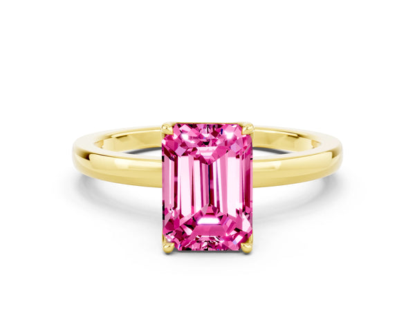 Yellow gold Emerald Cut Pink Sapphire Solitaire Ring with Thin Band and Prong Setting