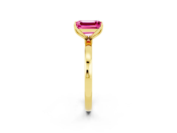 Yellow gold Emerald Cut Pink Sapphire Solitaire Ring with Thin Band and Prong Setting